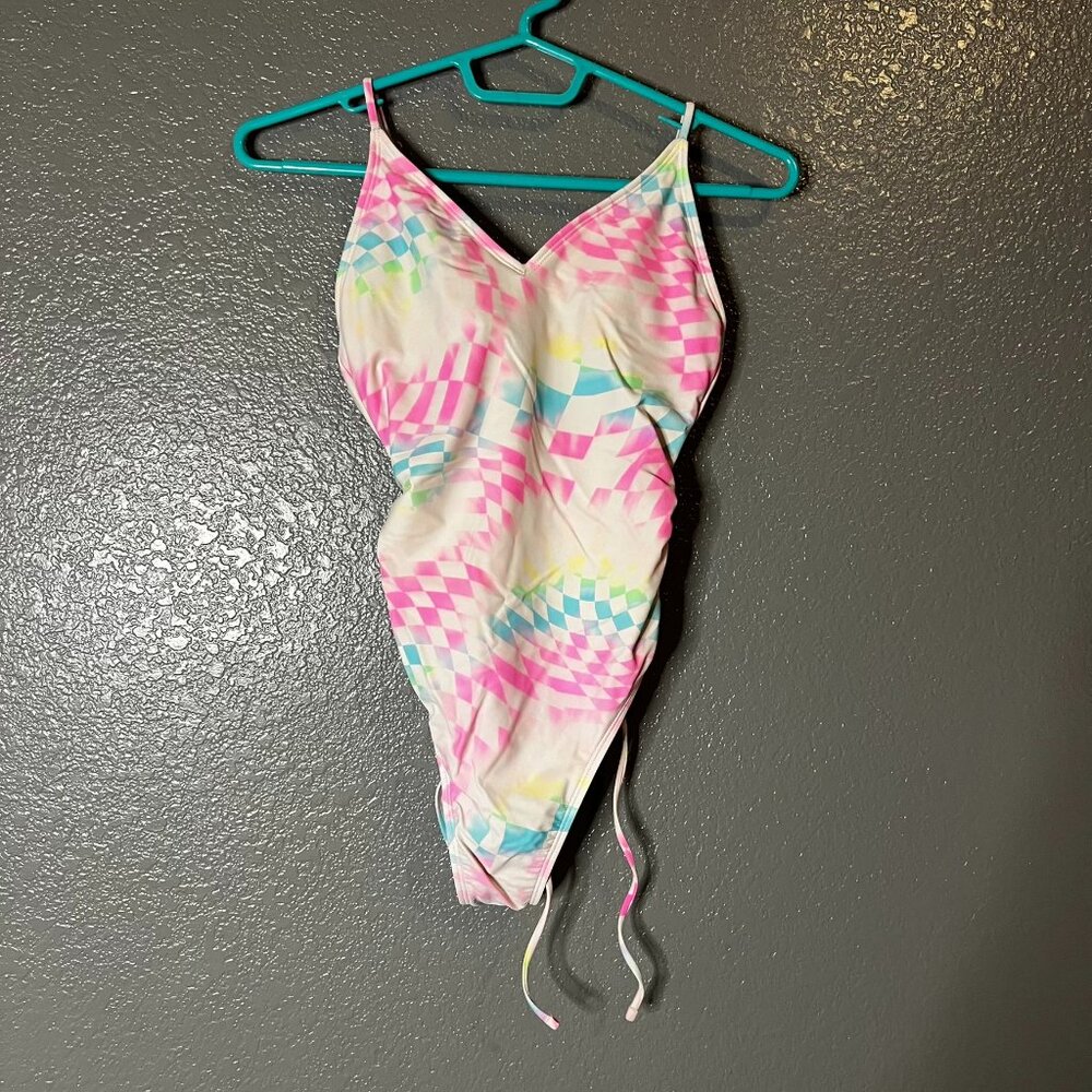 rue21 Women’s One-Piece Swimsuit Small Pastel Checkered Side Ruched